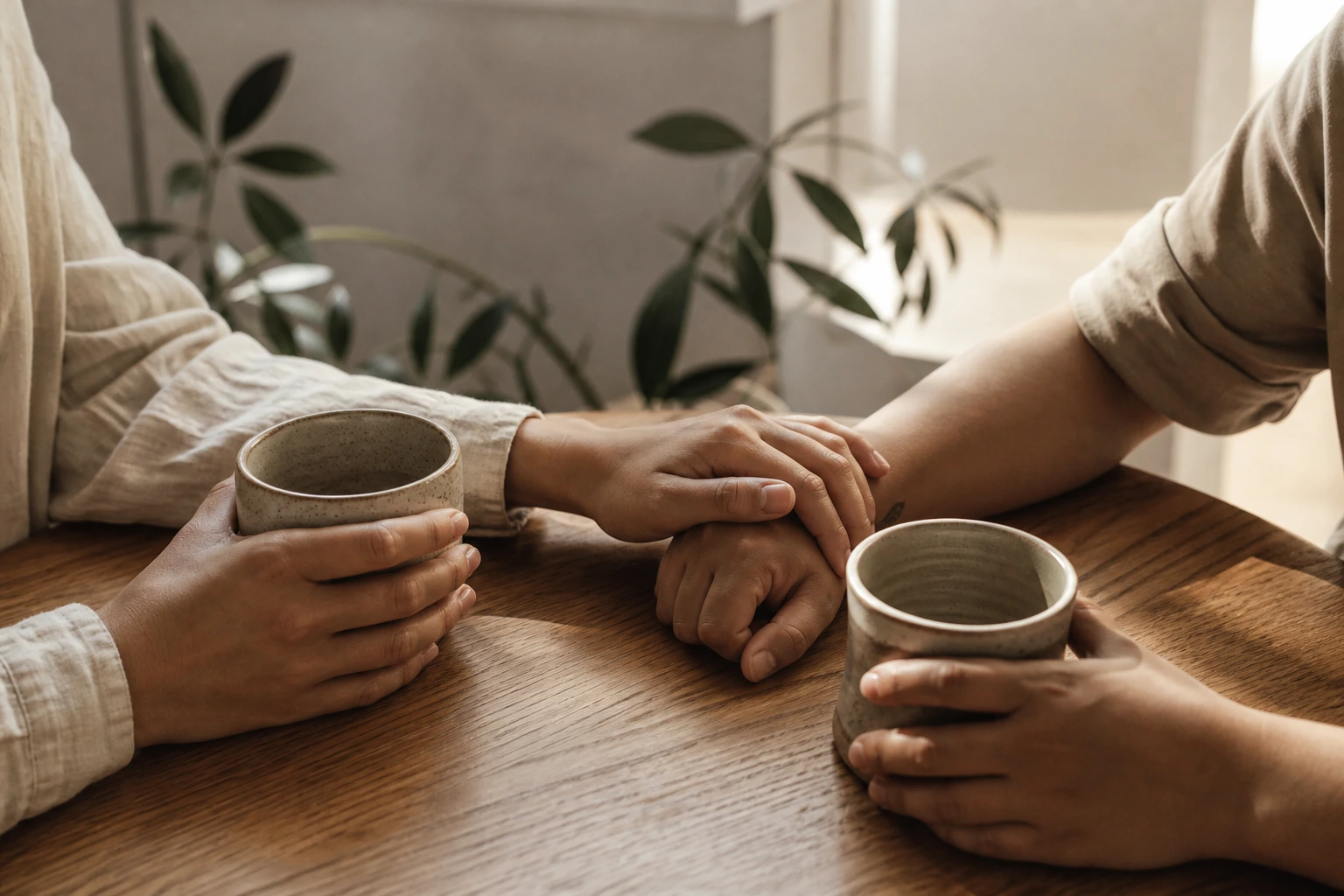 Two people holding warm cups during a quiet check-in