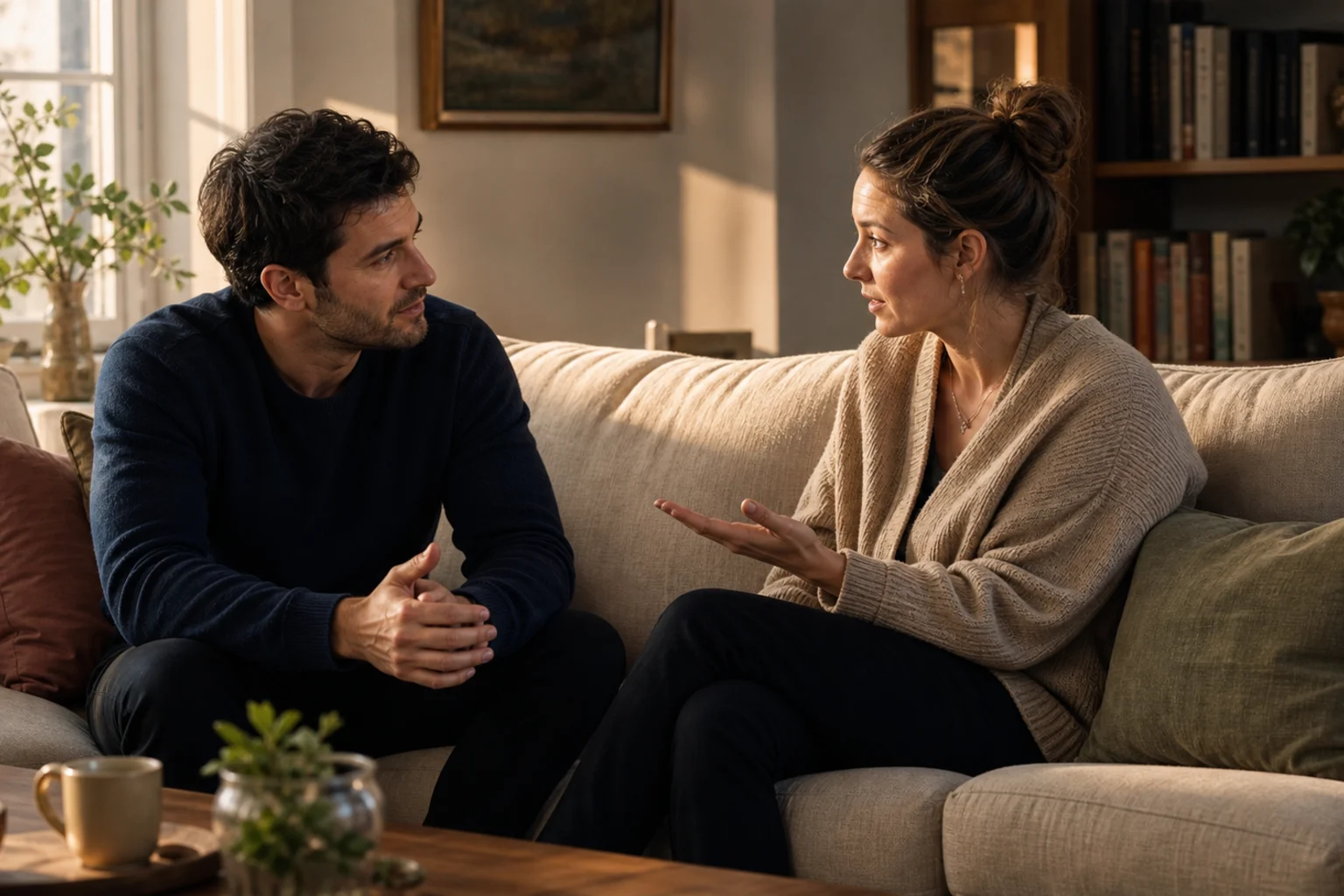 A man listening closely as a woman speaks during a quiet conversation at home